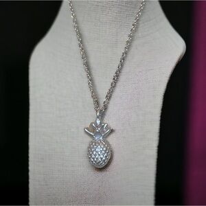 Adorable Silver Tone Pineapple Pendant Charm Necklace 18” Good Luck Good Fortune